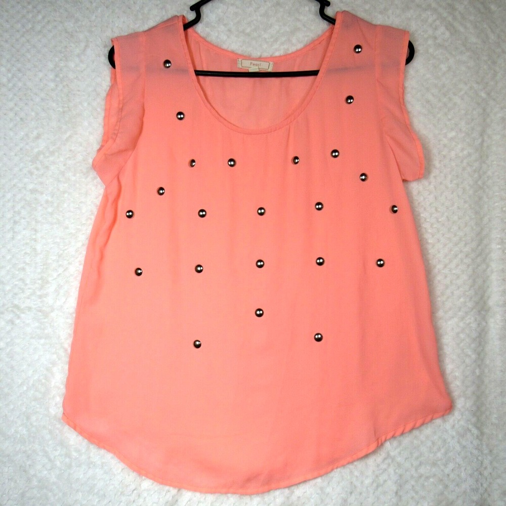 Pearl Size Small Bright Pink Sheer Blouse with Metal Brad Accents Blouse Top